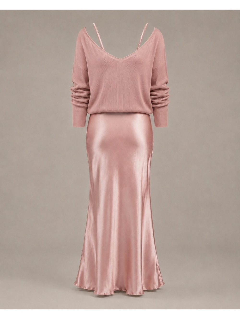 Blush Pink Satiny Maxi Dress and Top Two-Piece Set - Picture 7 of 9